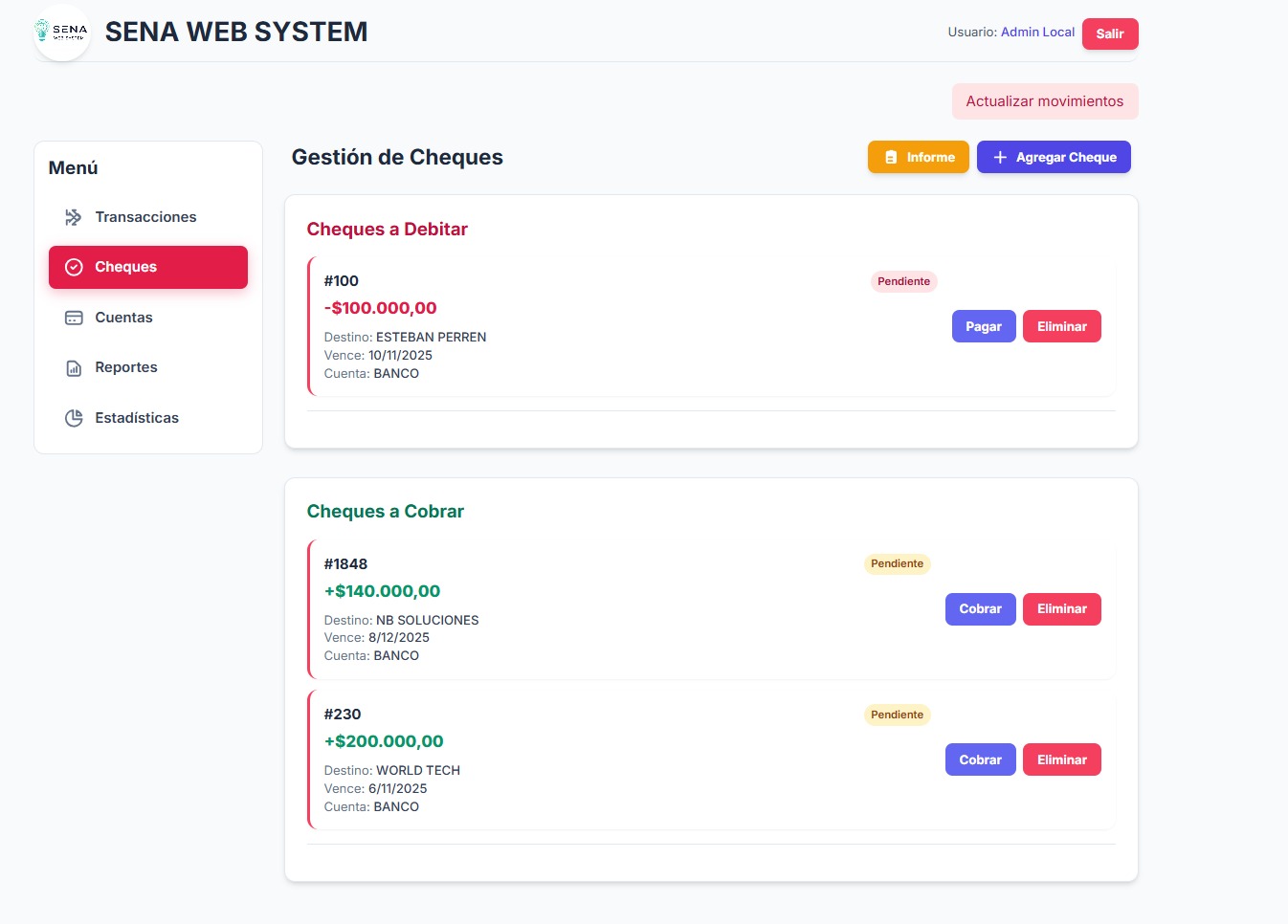 Gestión de Cheques a Cobrar y Debitar